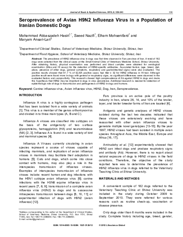 (PDF) Seroprevalence of Avian H9N2 Influenza Virus in a Population of ...