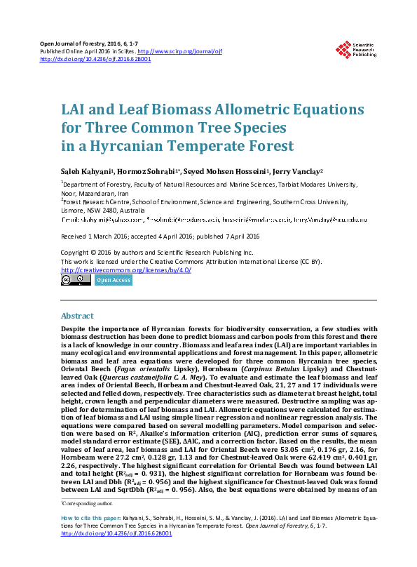 (PDF) LAI and Leaf Biomass Allometric Equations for Three Common Tree ...