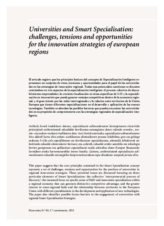 (PDF) Universities and Smart Specialisation: challenges, tensions and ...