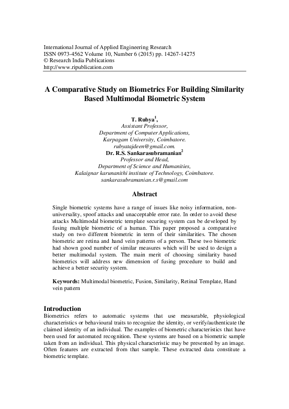 (PDF) A Comparative Study on Biometrics For Building Similarity Based ...