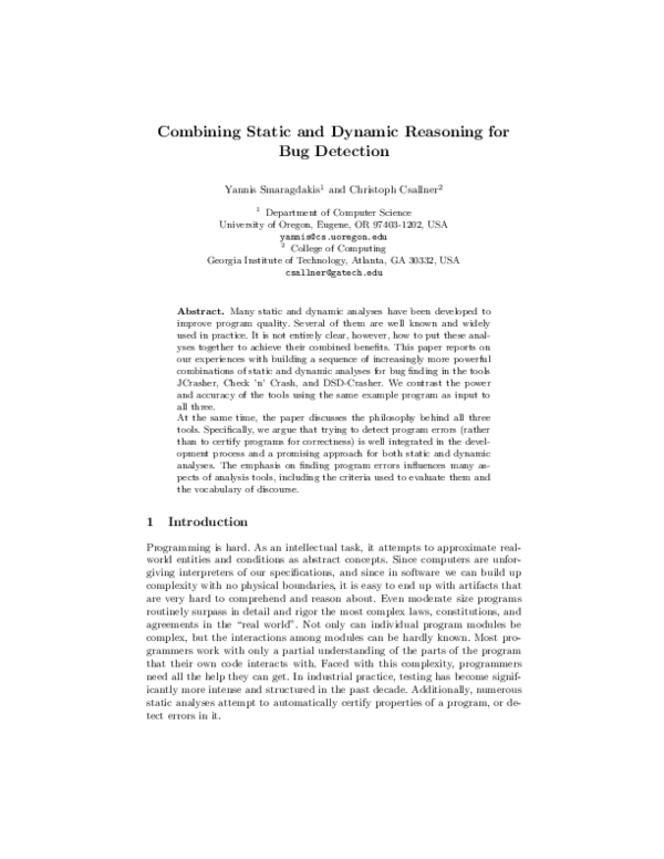 (PDF) Combining Static and Dynamic Reasoning for Bug Detection