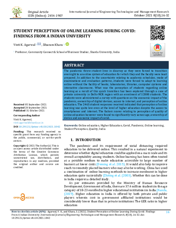 (PDF) STUDENT PERCEPTION OF ONLINE LEARNING DURING COVID: FINDINGS FROM ...