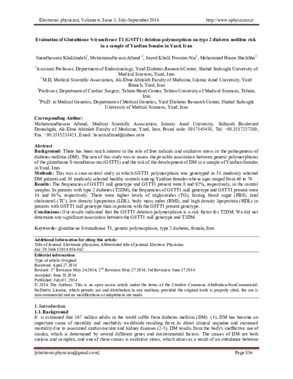 Evaluation of Glutathione S-transferase T1 (GSTT1) deletion polymorphism on type 2 diabetes mellitus risk in a sample of Yazdian females in Yazd, Iran