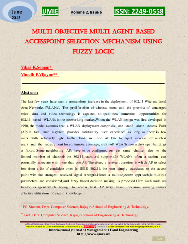 (PDF) Multi Objective Multi Agent Based AccessPoint Selection Mechanism ...