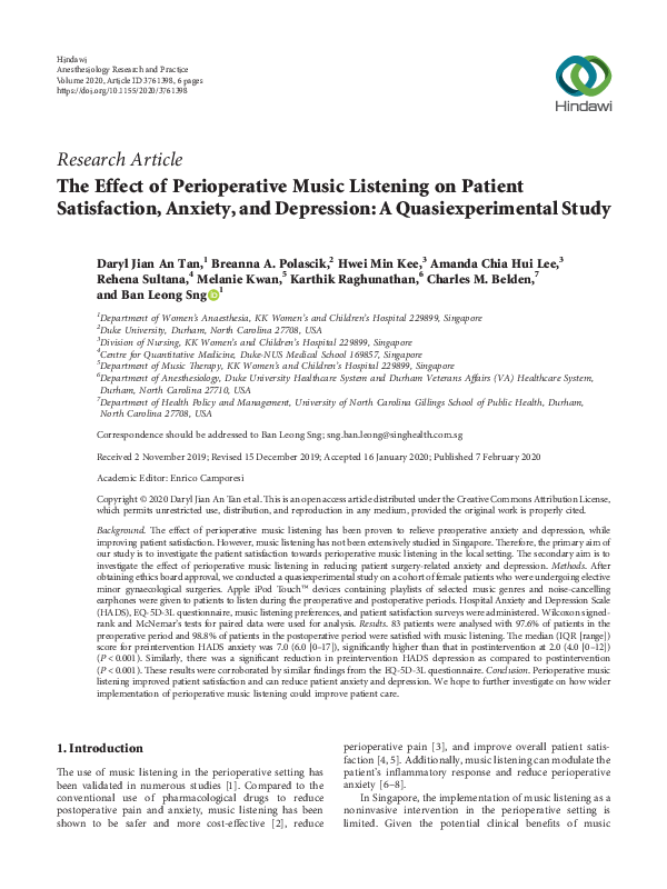 (PDF) The Effect of Perioperative Music Listening on Patient ...