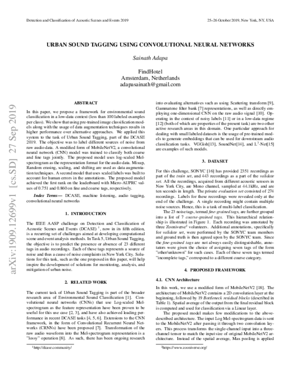 (PDF) Urban Sound Tagging using Convolutional Neural Networks