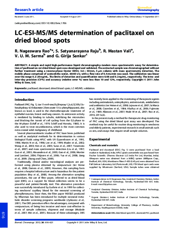 (PDF) LC-ESI-MS/MS determination of paclitaxel on dried blood spots