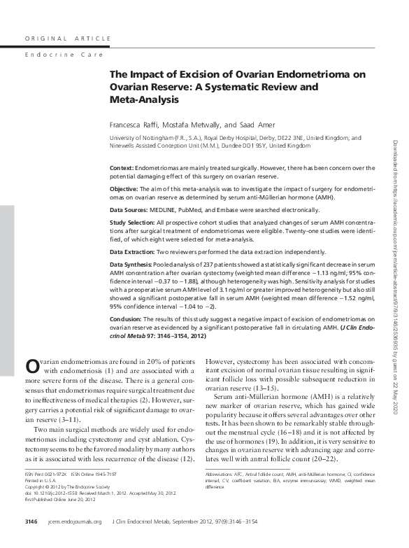 (PDF) The Impact of Excision of Ovarian Endometrioma on Ovarian Reserve ...
