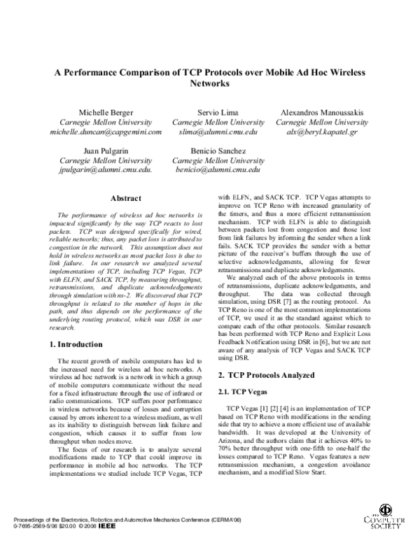 (PDF) A Performance Comparison of TCP Protocols over Mobile Ad Hoc ...