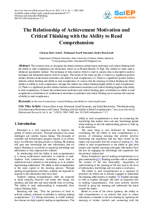 (PDF) The Relationship of Achievement Motivation and Critical Thinking ...