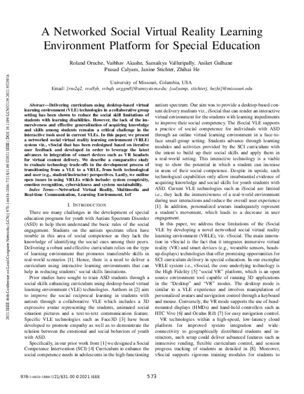 (PDF) A Networked Social Virtual Reality Learning Environment Platform ...
