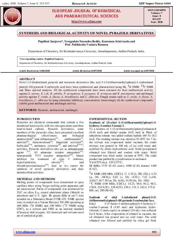 (PDF) SYNTHESIS AND BIOLOGICAL ACTIVITY OF NOVEL PYRAZOLE DERIVATIVES