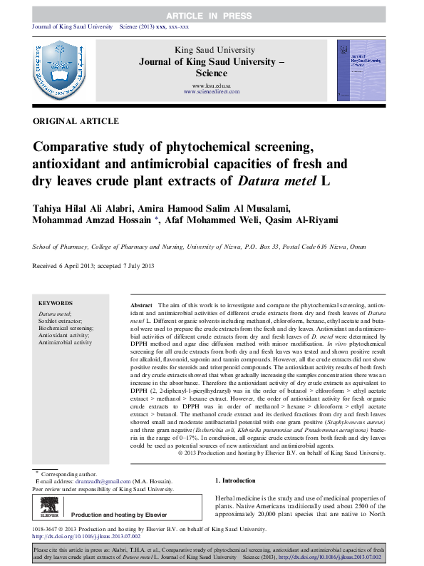 (PDF) Comparative study of phytochemical screening, antioxidant and ...