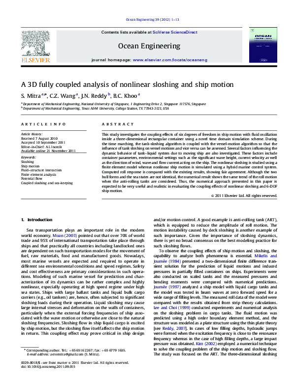 (PDF) A 3D fully coupled analysis of nonlinear sloshing and ship motion
