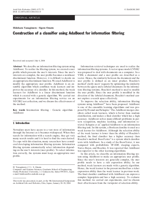 (PDF) Construction of a classifier using AdaBoost for information filtering