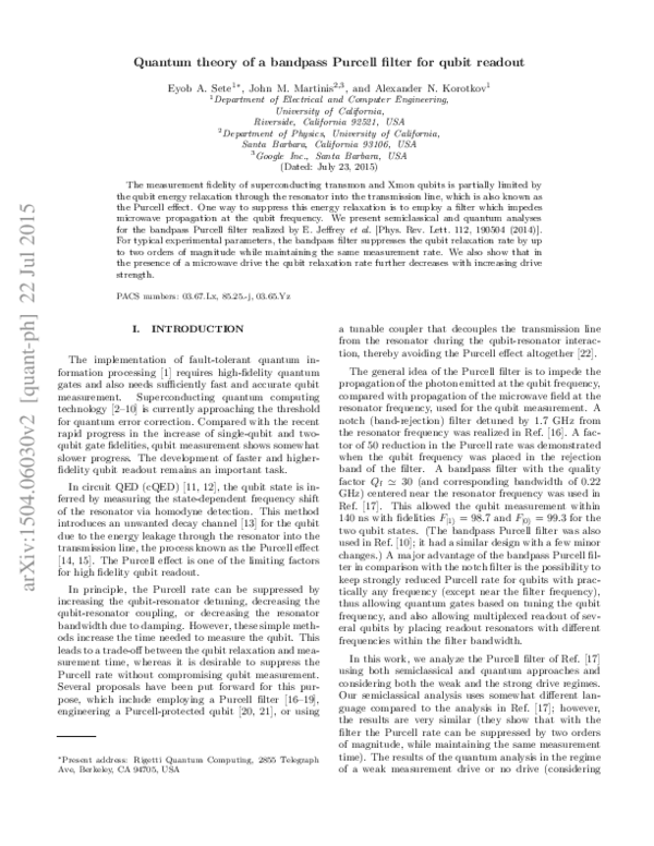 (PDF) Quantum theory of a bandpass Purcell filter for qubit readout