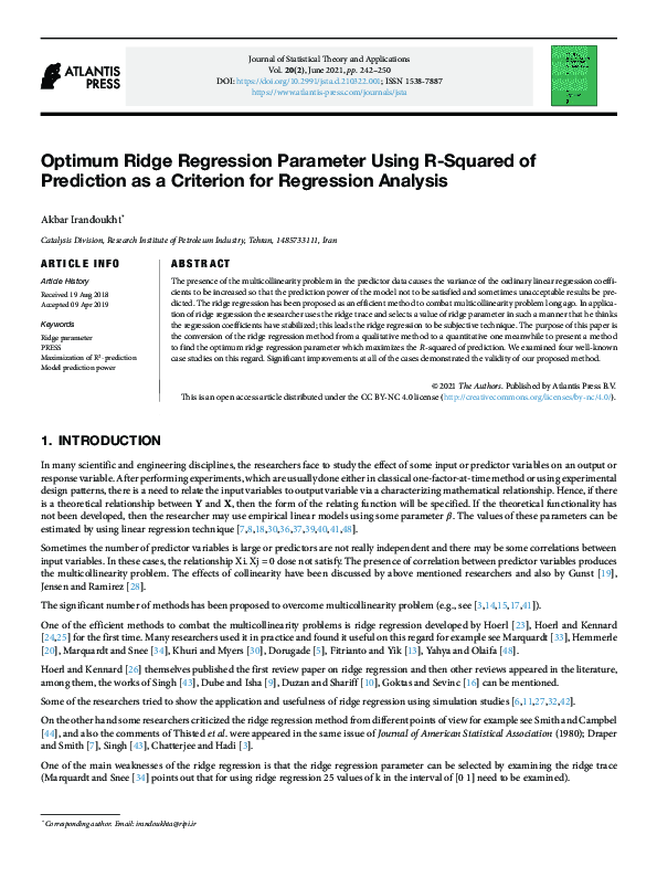 (PDF) Optimum Ridge Regression Parameter Using R-Squared of Prediction ...