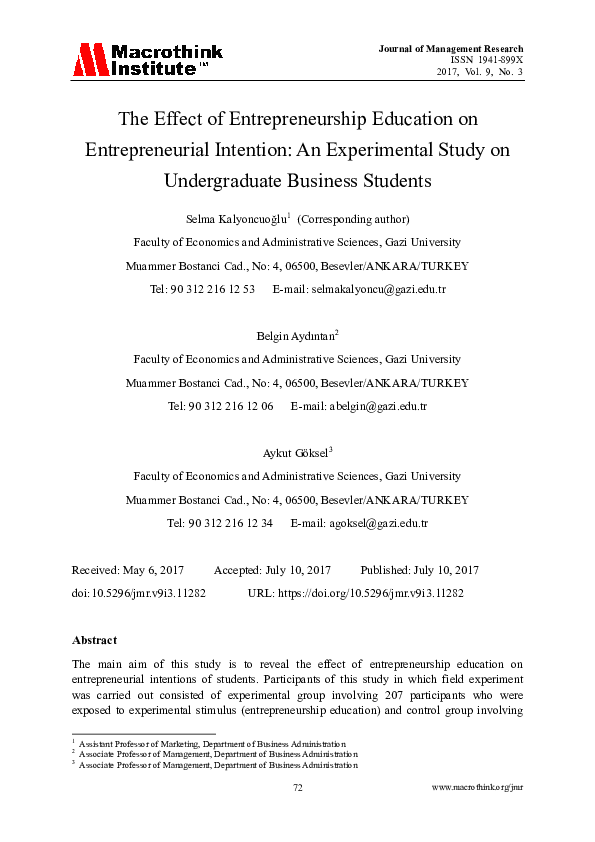 (PDF) The Effect of Entrepreneurship Education on Entrepreneurial ...