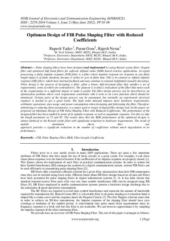 (PDF) Optimum Design of FIR Pulse Shaping Filter with Reduced Coefficients