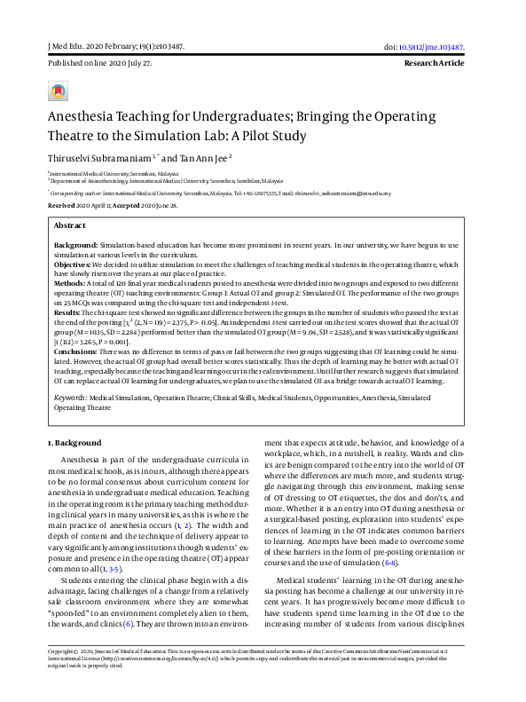 (PDF) Anesthesia Teaching for Undergraduates; Bringing the Operating ...