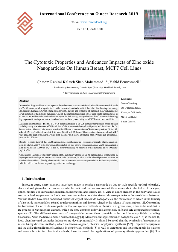 (PDF) The Cytotoxic Properties and Anticancer Impacts of Zinc Oxide ...