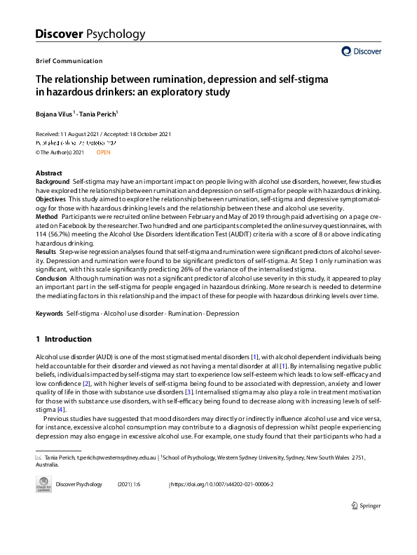 (PDF) The relationship between rumination, depression and self-stigma ...