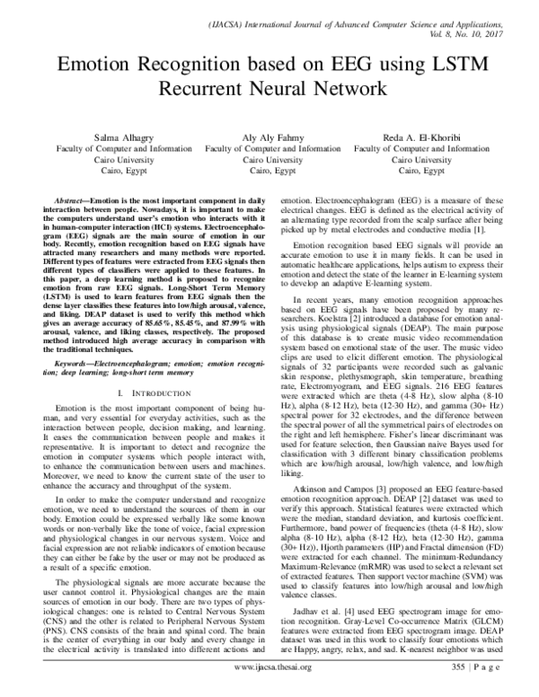 (PDF) Emotion Recognition based on EEG using LSTM Recurrent Neural Network