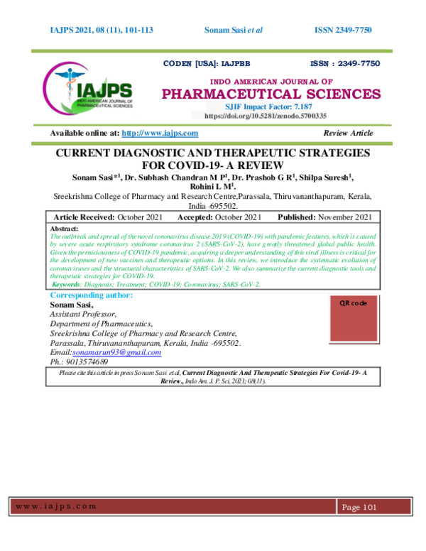 (PDF) CURRENT DIAGNOSTIC AND THERAPEUTIC STRATEGIES FOR COVID-19- A REVIEW