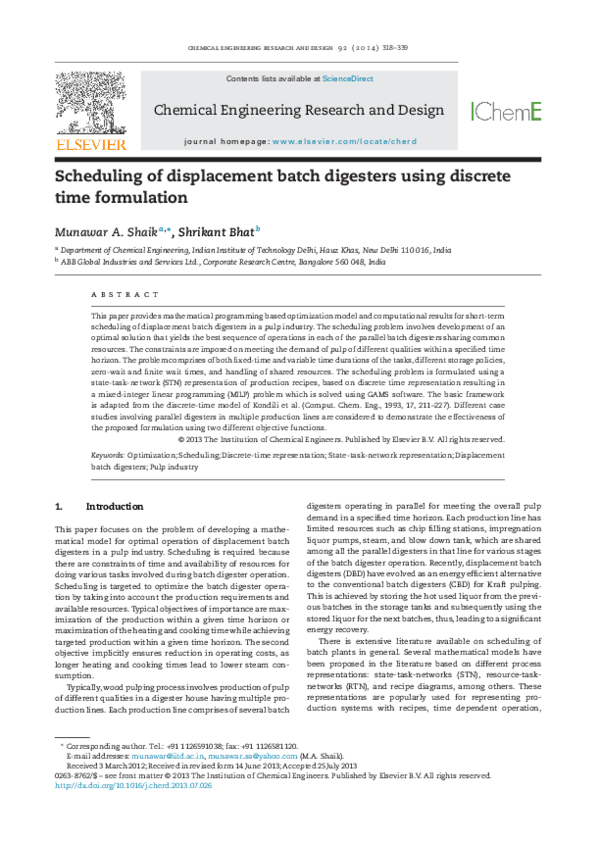 (PDF) Scheduling of displacement batch digesters using discrete time ...