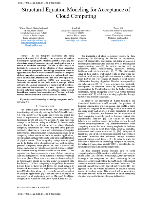 (PDF) Structural Equation Modeling for Acceptance of Cloud Computing
