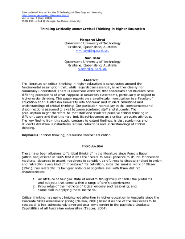 (PDF) Thinking Critically about Critical Thinking in Higher Education