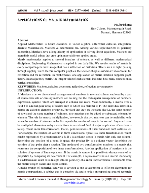 (PDF) APPLICATIONS OF MATRIX MATHEMATICS