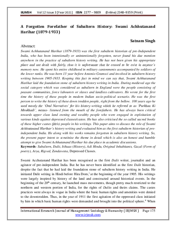 (PDF) A Forgotten Forefather of Subaltern History: Swami Achhutanand ...