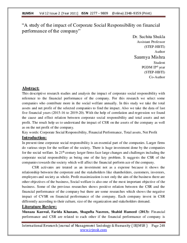 (PDF) "A study of the impact of Corporate Social Responsibility on ...
