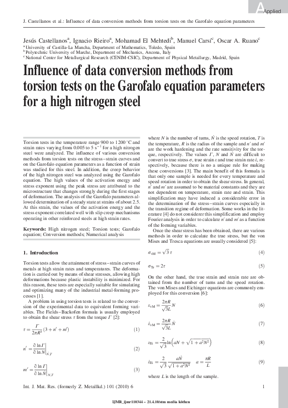  pdf influence of data conversion methods from torsion tests on the