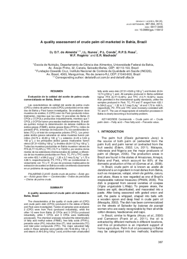 (PDF) A quality assessment of crude palm oil marketed in Bahia, Brazil