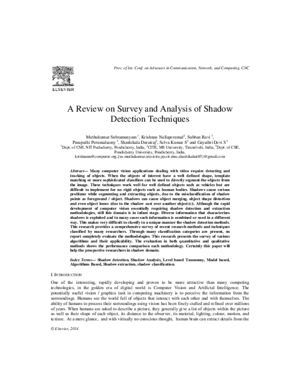 (PDF) A Review on Survey and Analysis of Shadow Detection Techniques