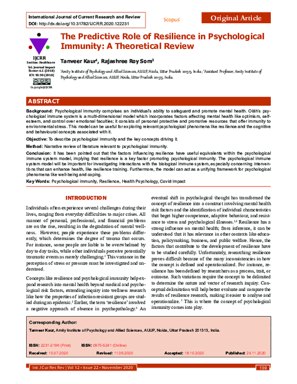 (PDF) The Predictive Role of Resilience in Psychological Immunity: A ...