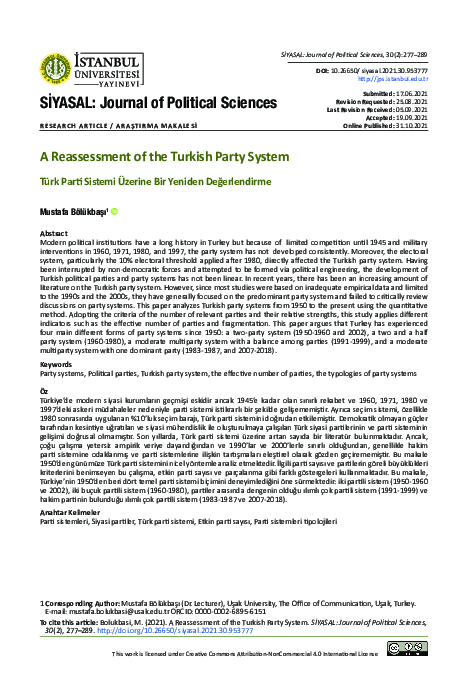 (PDF) A Reassessment of the Turkish Party System