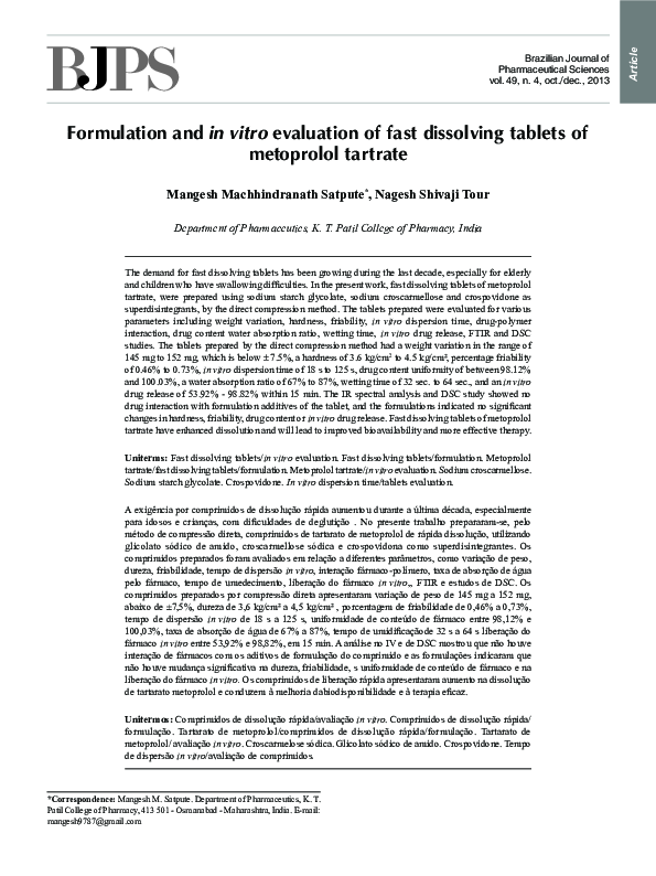 (PDF) Formulation and in vitro evaluation of fast dissolving tablets of ...