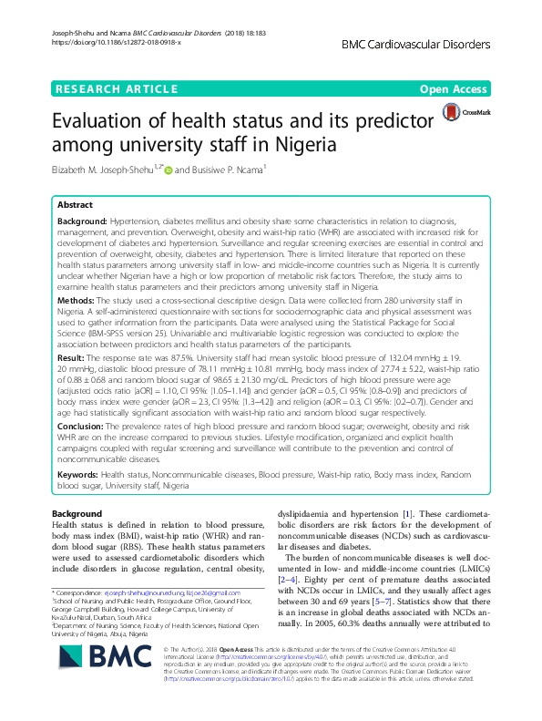 (PDF) Evaluation of health status and its predictor among university ...