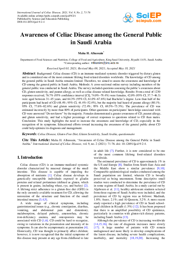 (PDF) Awareness of Celiac Disease among the General Public in Saudi Arabia