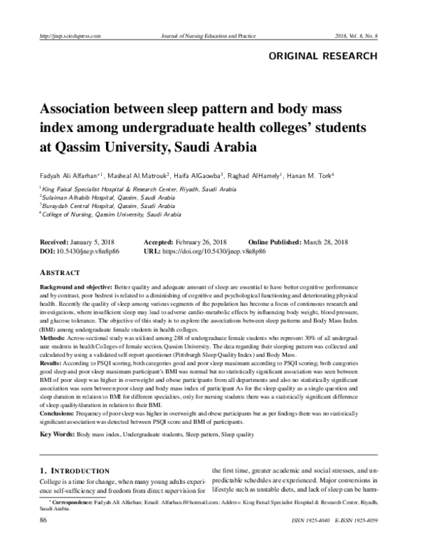 (PDF) Association between sleep pattern and body mass index among ...