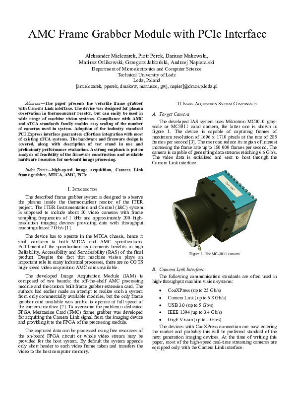 (PDF) AMC frame grabber module with PCIe interface Mariusz Orlikowski