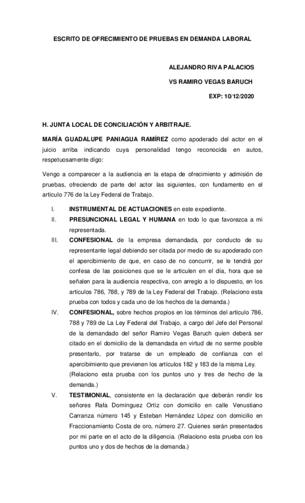 (PDF) ESCRITO DE OFRECIMIENTO DE PRUEBAS EN DEMANDA LABORAL