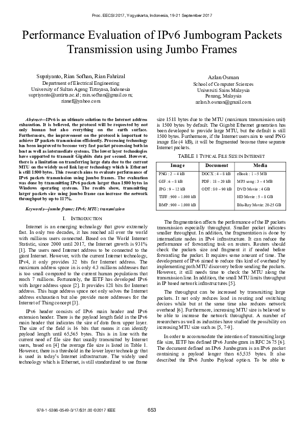 (PDF) Performance Evaluation of IPv6 Jumbogram Packets Transmission