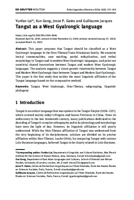 (PDF) Tangut as a West Gyalrongic language