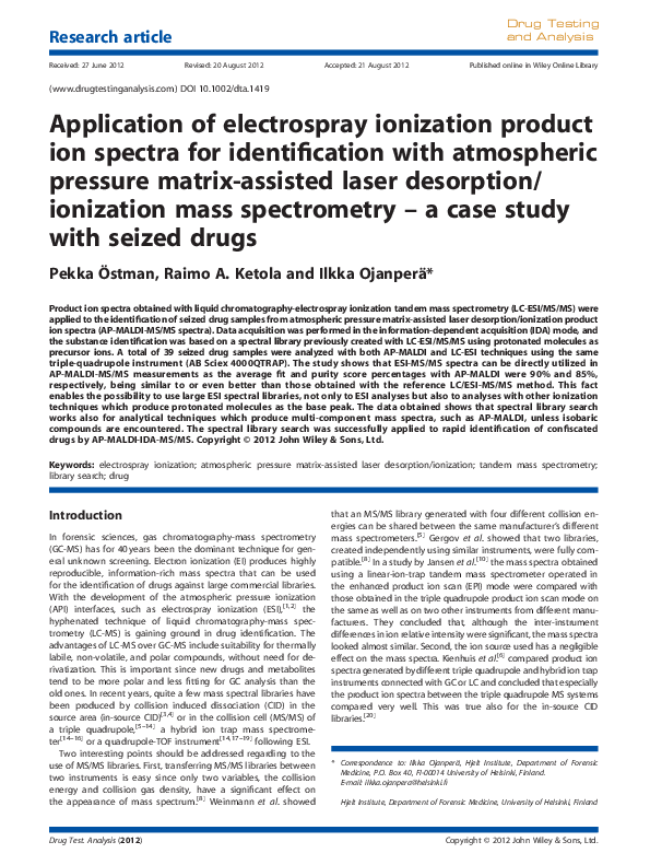(PDF) Application of electrospray ionization product ion spectra for ...