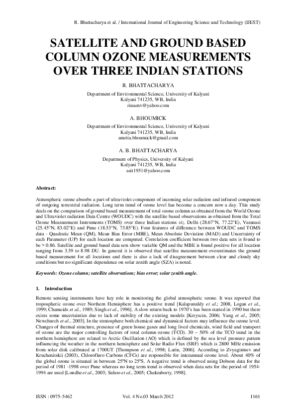 (PDF) Satellite and Ground based Column ozone Measurements over Three ...