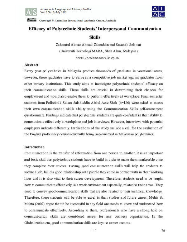 (PDF) Efficacy of Polytechnic students’ Interpersonal Communication Skills